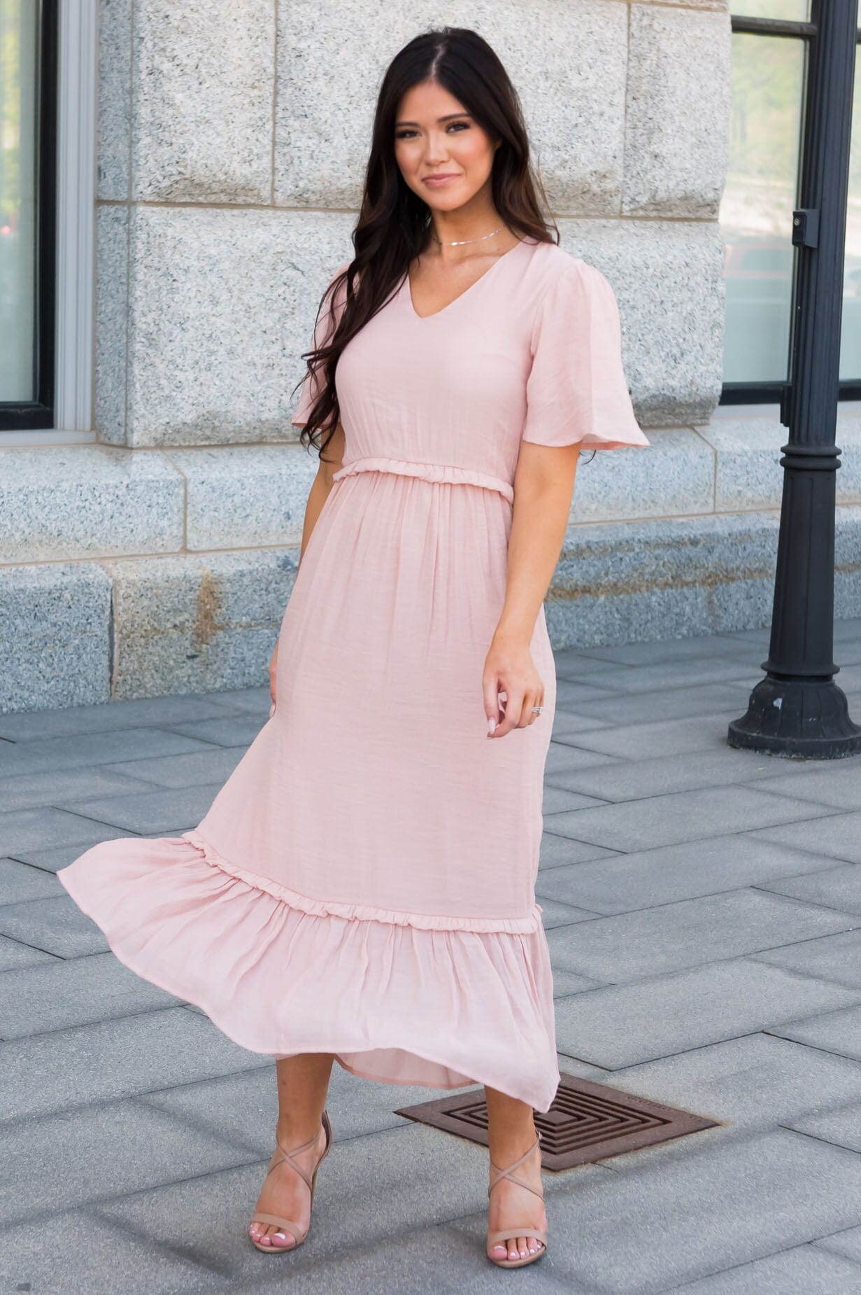 pink midi dress with sleeves